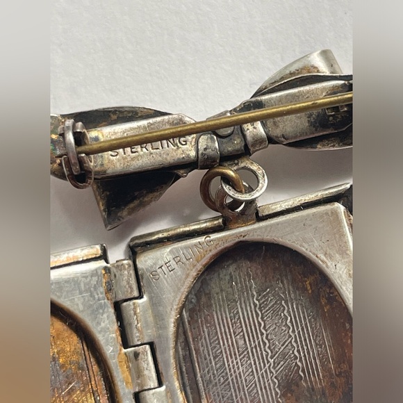 Sterling Silver Dangling Book Locket & Bow Pendant Brooch - 1 3/8" Tall - Picture 7 of 11